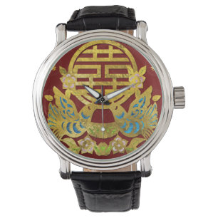 Montre Double symbole de bonheur d'or avec des oiseaux