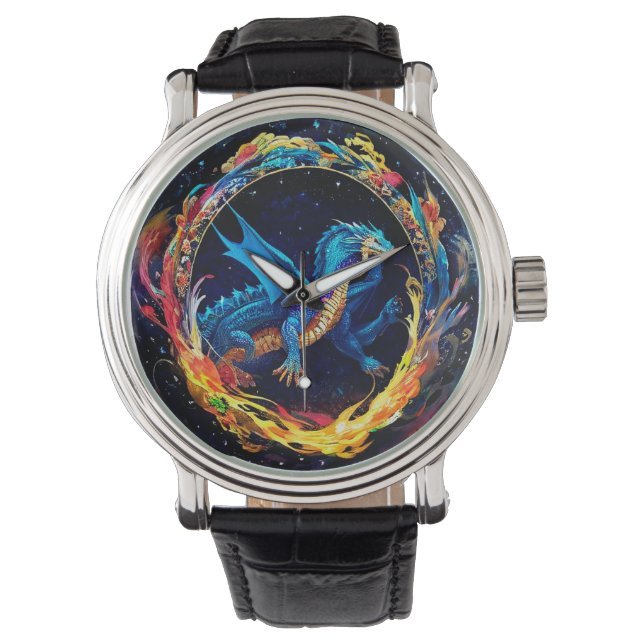 Montre Dragon bleu magique entouré de flammes mystiques (devant)