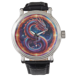 Montre Dragon Cosmique Ardente Entouré d'un Anneau Célest