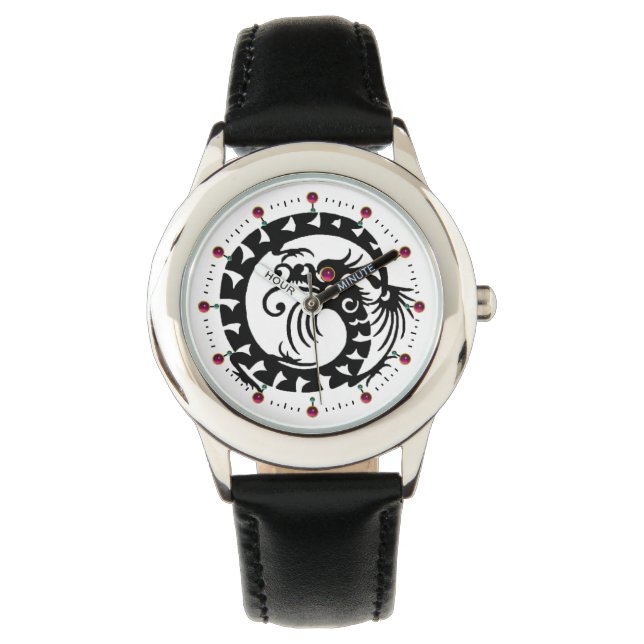 Montre DRAGON DE NAKE NOIR, Blanc, Pierres de rubis rouge (devant)