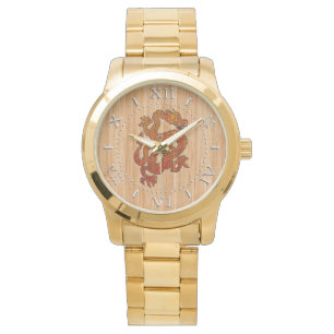 Montre Dragon oriental rouge sur le cadran en bambou de