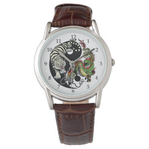 Montre dragon vert et tigre blanc yin yang