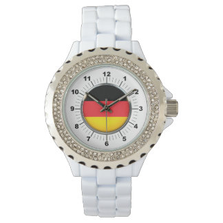 Montre Drapeau allemand féminin Rhinestone White Enamel W