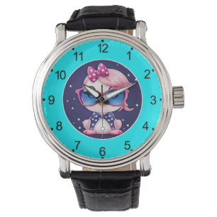 Montre Drapeau Américain avec Dessin Animé de Flamant Ros
