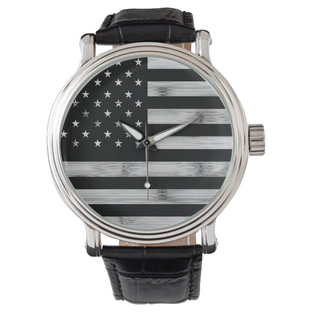 Montre Drapeau américain Bois rustique Noir Blanc Patriot (devant)