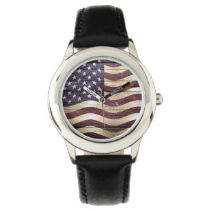 Montre Drapeau américain bois Vintage