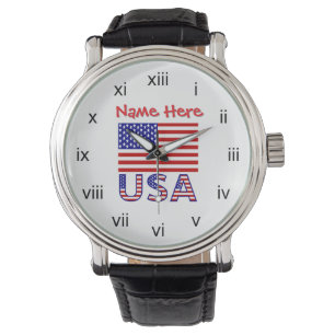 Montre Drapeau américain USA chiffre romain personnalisé