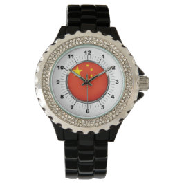 Montre Drapeau chinois féminin Rhinestone Black Enamel Wa