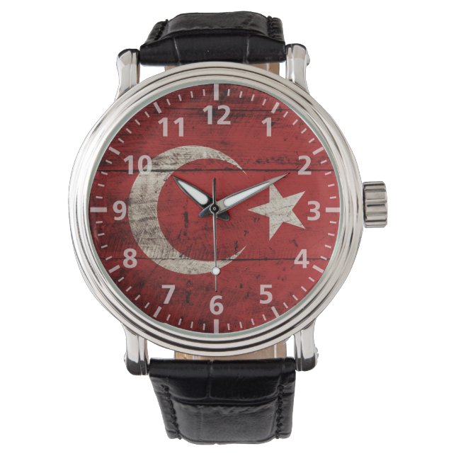Montre Drapeau de Turquie sur le vieux grain de bois (devant)
