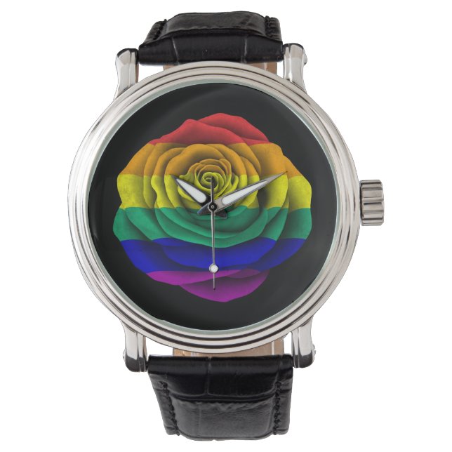 Montre Drapeau Gay pride arc-en-ciel sur noir (devant)