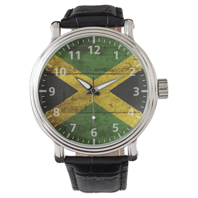 Montre Drapeau jamaïcain sur le vieux grain de bois (devant)