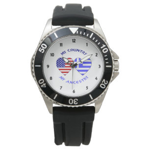 Montre Drapeaux grecs et américains Coeurs Pays Ancêtres