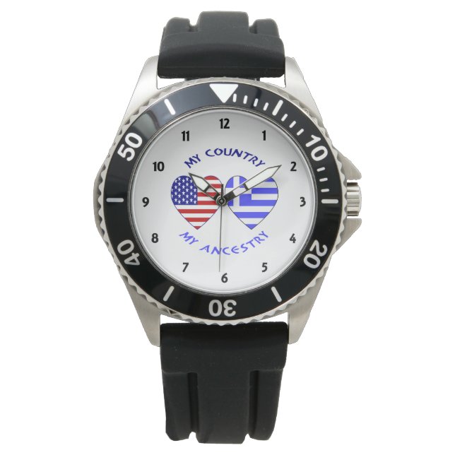 Montre Drapeaux grecs et américains Coeurs Pays Ancêtres (devant)