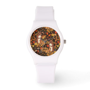 Montre Écureuils automnaux et flore sur brun foncé