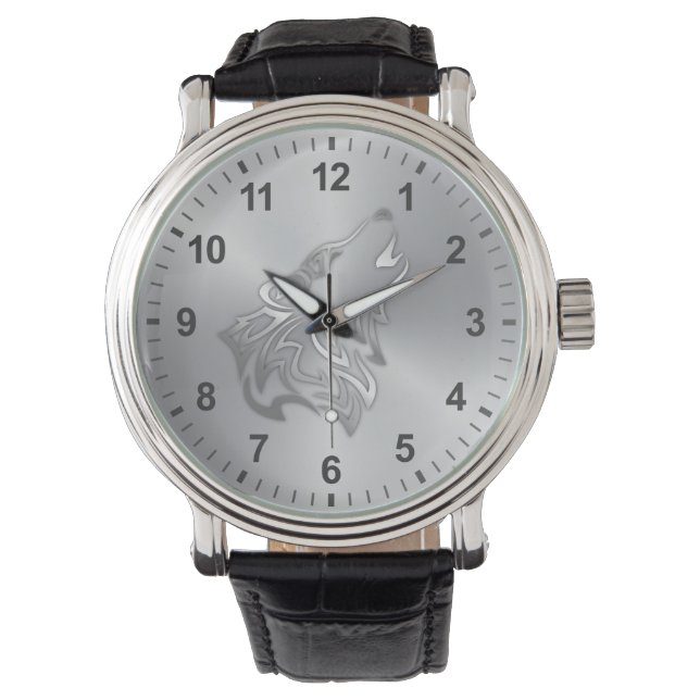Montre Effet Embossé Tribal Wolf Numéros d'argent (devant)