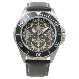 Montre Élégance Classique, Motif Mosaïque Noir Or, Hommes