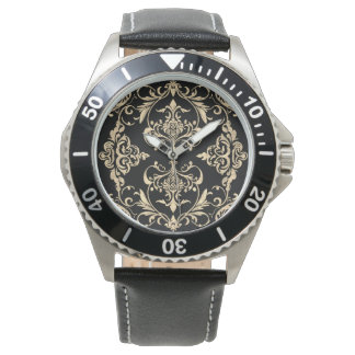 Montre Élégance Classique, Motif Mosaïque Noir Or, Hommes