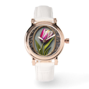 Montre Élégance : Tulipe rose dans le design Art Nouveau