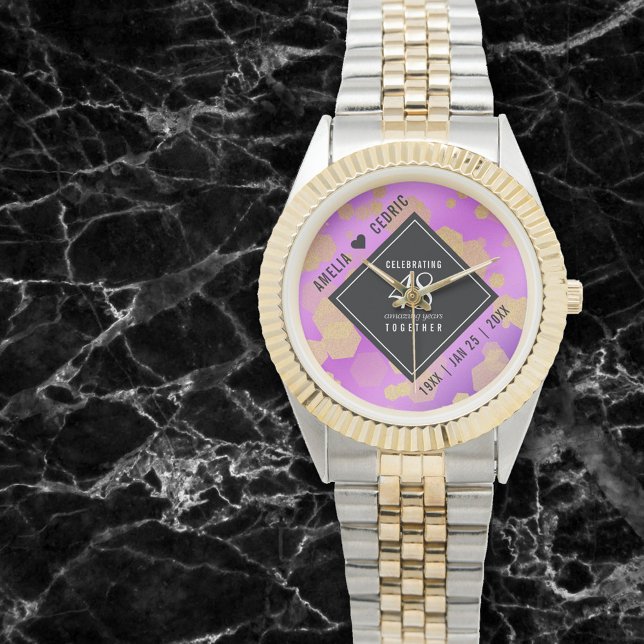 Montre Élégant 48e anniversaire de Mariage d'Améthyste (48th amethyst wedding anniversary wristwatch on a black marble background)