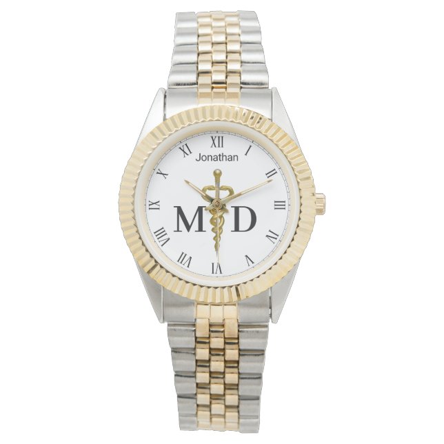 Montre Elégant Argent Or Asclepius Docteur Médicale MD (devant)