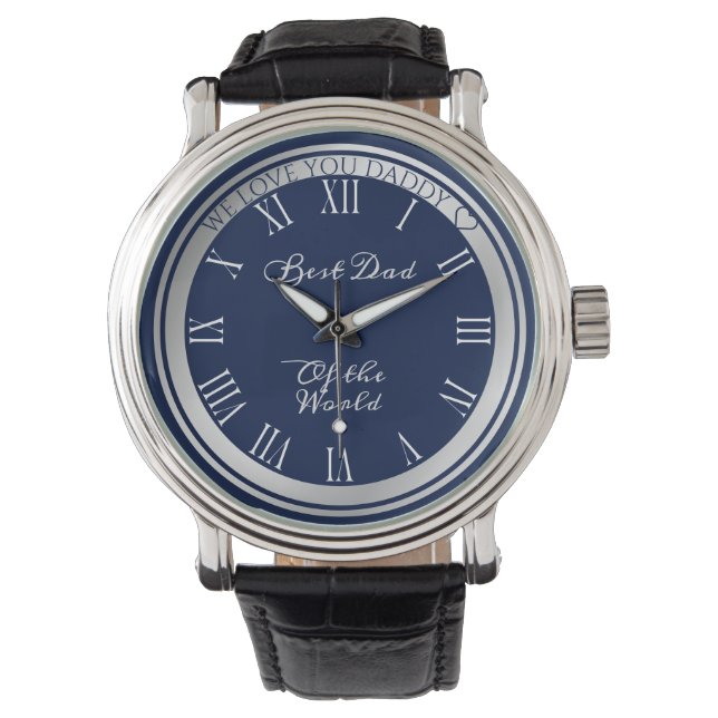 Montre Elégant Bleu foncé Bordure Argent Meilleur Papa Te (devant)