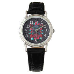 Montre Élégant chat noir entouré de roses rouges  
