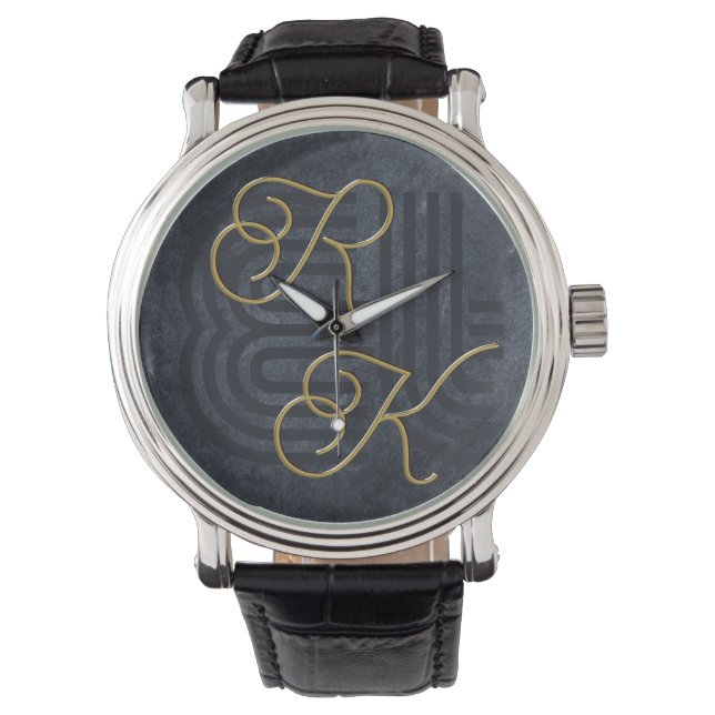 Montre Élégant Chic Luxe Charbon Noir & Or Monogramme (devant)