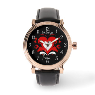 Montre Elégant coeur rouge blanc gras contre noir & texte