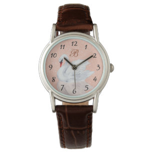Montre Élégant cygne   Monogramme Rose Parties scintillan