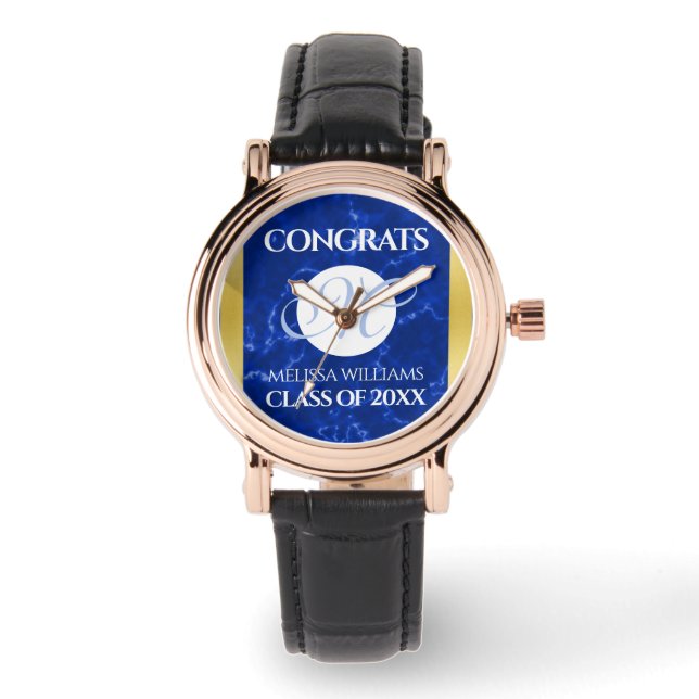Montre Élégant Graduation Monogramme Bleu Marbre Or Huile (Recto)