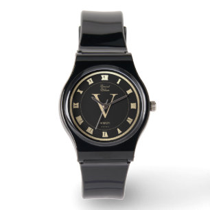 Montre Élégant Monogramme Roman Black Faux Gold