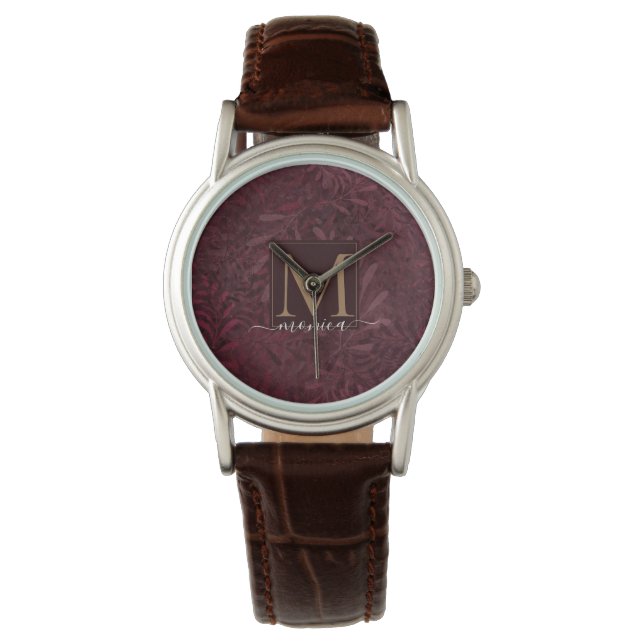 Montre Élégant Monogramme rouge Bourgogne or Motif floral (devant)