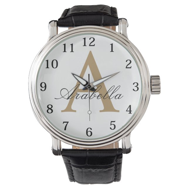 Montre Élégant Or Noir Monogramme Personnalisé Nom  (devant)