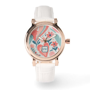 Montre Élégant orangé, crème, coeur turquoise fleuri