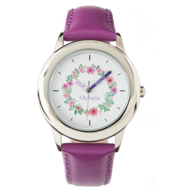 Montre Élégant Purple Floral Nom personnalisé Femmes Mont (devant)