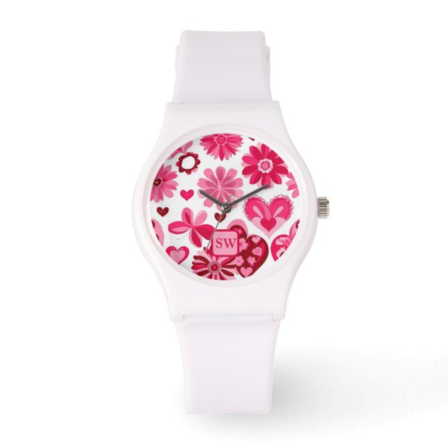 Montre Élégant rose girly, coeurs floraux, monogramme mot (Recto)