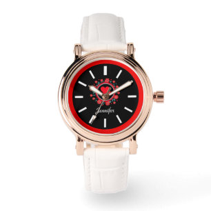 Montre Elégant visage noir blanc, motif rouge floral