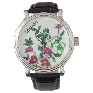 Montre Elégante aquarelle moderne fleur sauvage rose fonc