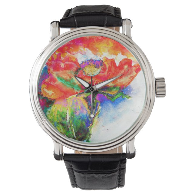 Montre Elégante aquarelle rouge florale (devant)