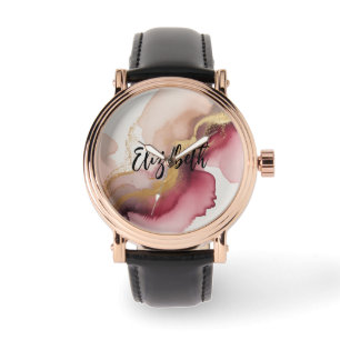 Montre Élégante Art à l'aquarelle Bourgogne et Or