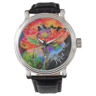 Montre Elégante couleur abstraite rouge florale noir