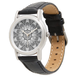 Montre Elégante dentelle florale Géométrique Noir et Blan