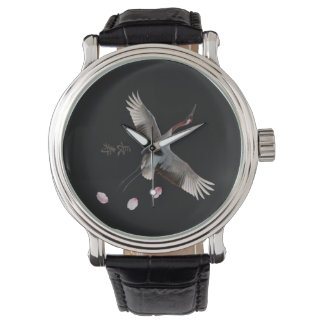 Montre Élégante Estampe d'Art de la Grue Couronnée de Rou