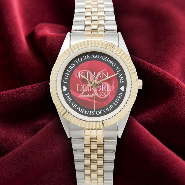 Montre Élégante fête du 26e anniversaire du Mariage Rose (Elegant 26th Rose Wedding Anniversary Wristwatch Cover Photo)