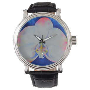 Montre Elégante fleur florale d'orchidée rose-bleu