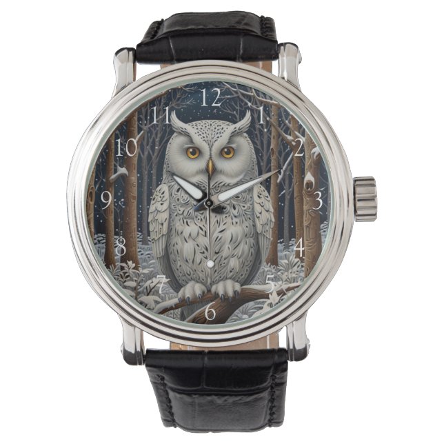 Montre Élégante forêt d'hiver de chouette blanche boho (devant)
