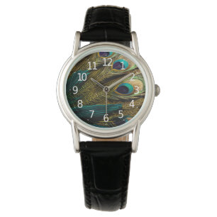 Montre Elégante Turquoise Abstraite  Plumes Peacock Or  