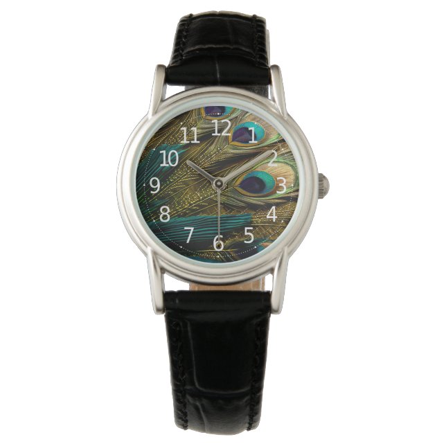 Montre Elégante Turquoise Abstraite  Plumes Peacock Or | (devant)