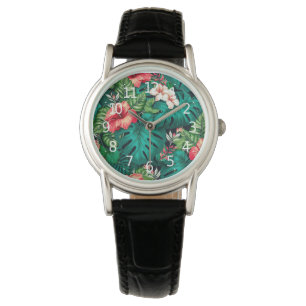 Montre Élégants Feuilles tropicaux et fleurs d'Hibiscus  