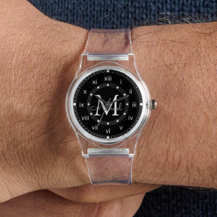 Montre élégants groomsmsmen monogramme noir et blanc